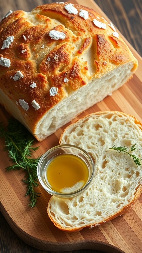 A crusty artisan bread loaf sliced on a wooden board, with herbs and olive oil.